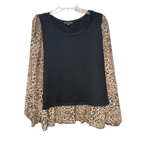 Kim & Cami Peplum Cheetah Sheer Long Sleeve Ruffle Hem Top Women's Sz XL Y2K